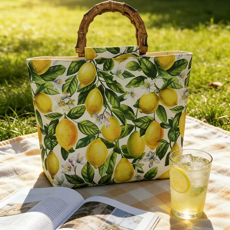 Ethnic Style Women's Large-Capacity Tote Bag, Fresh Lemon Floral Blue Pattern Handbag, High-Quality Imitation Bamboo Handle