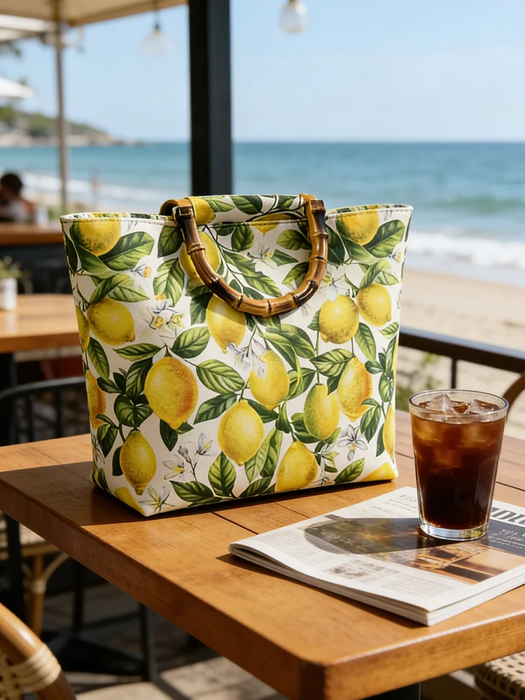 Ethnic Style Women's Large-Capacity Tote Bag, Fresh Lemon Floral Blue Pattern Handbag, High-Quality Imitation Bamboo Handle