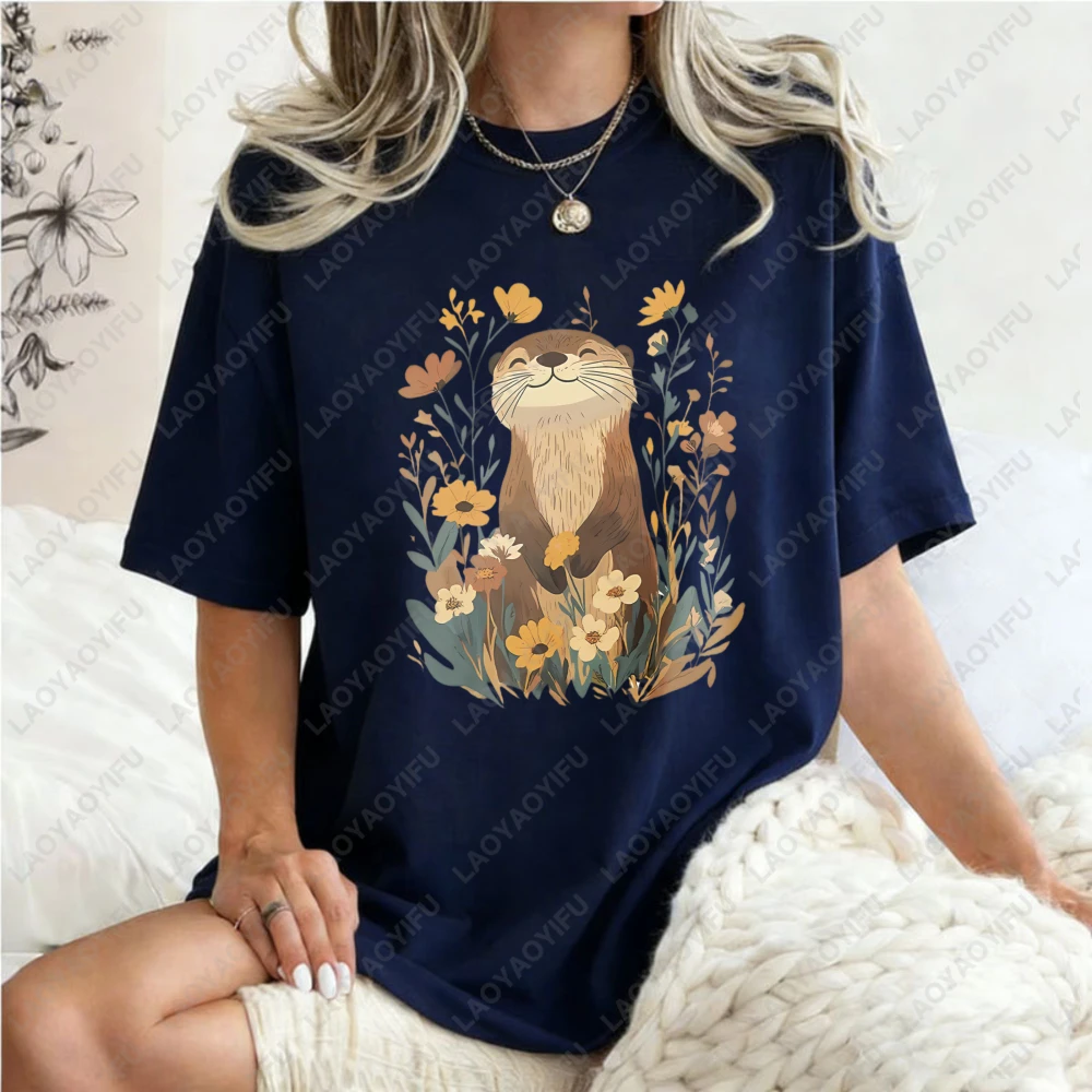Otter-Floral-Design-Unisex-Cotton-T-Shirt-Nature-Animal-Print-Casual-Loose-Fit-Summer-Fashion-Trendy-Top