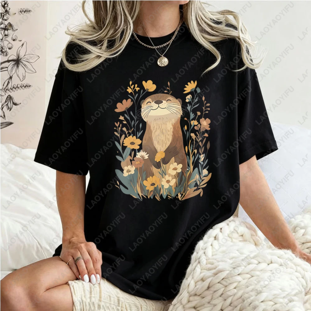 Otter-Floral-Design-Unisex-Cotton-T-Shirt-Nature-Animal-Print-Casual-Loose-Fit-Summer-Fashion-Trendy-Top
