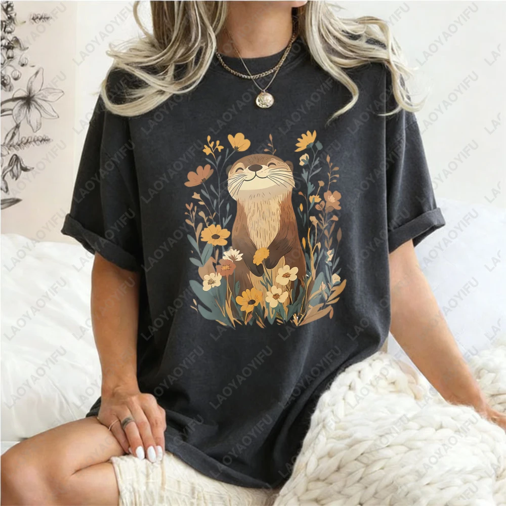 Otter-Floral-Design-Unisex-Cotton-T-Shirt-Nature-Animal-Print-Casual-Loose-Fit-Summer-Fashion-Trendy-Top