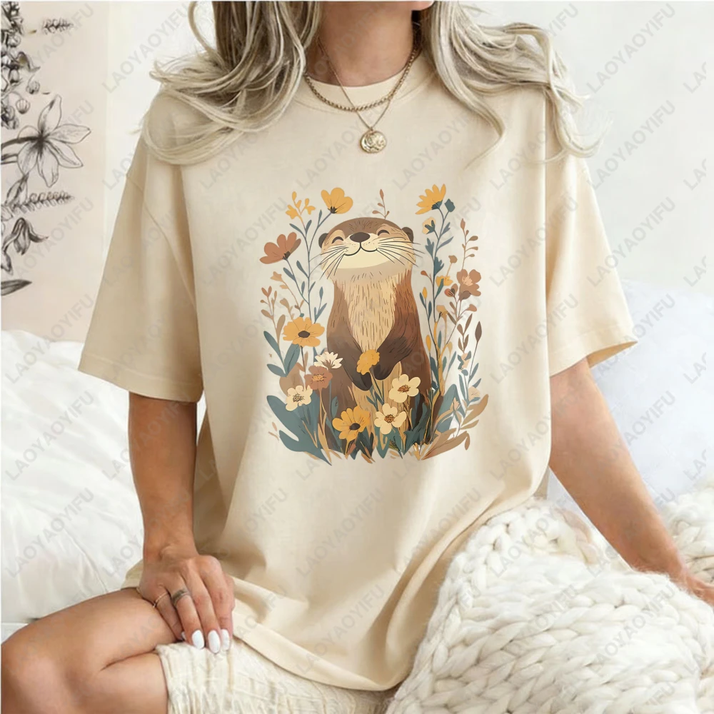 Otter-Floral-Design-Unisex-Cotton-T-Shirt-Nature-Animal-Print-Casual-Loose-Fit-Summer-Fashion-Trendy-Top