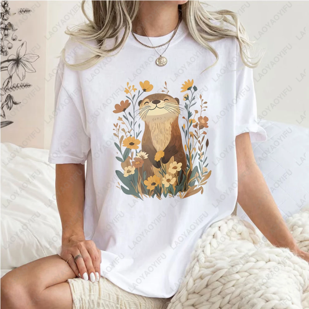 Otter-Floral-Design-Unisex-Cotton-T-Shirt-Nature-Animal-Print-Casual-Loose-Fit-Summer-Fashion-Trendy-Top