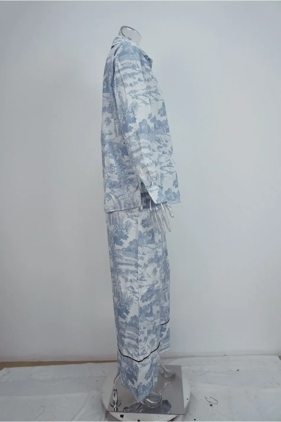 Fashion Vintage Pattern Printed Outfits Lapel Collar Shirt Long Pant Suit Spring Summer Causal Long Sleeve Loose Pant Sets