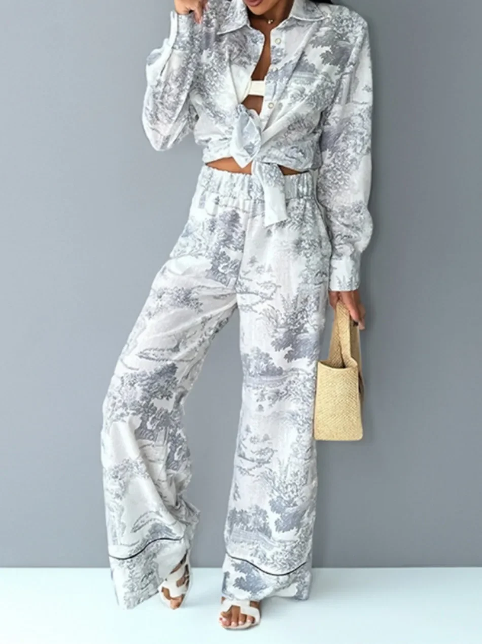 Fashion Vintage Pattern Printed Outfits Lapel Collar Shirt Long Pant Suit Spring Summer Causal Long Sleeve Loose Pant Sets