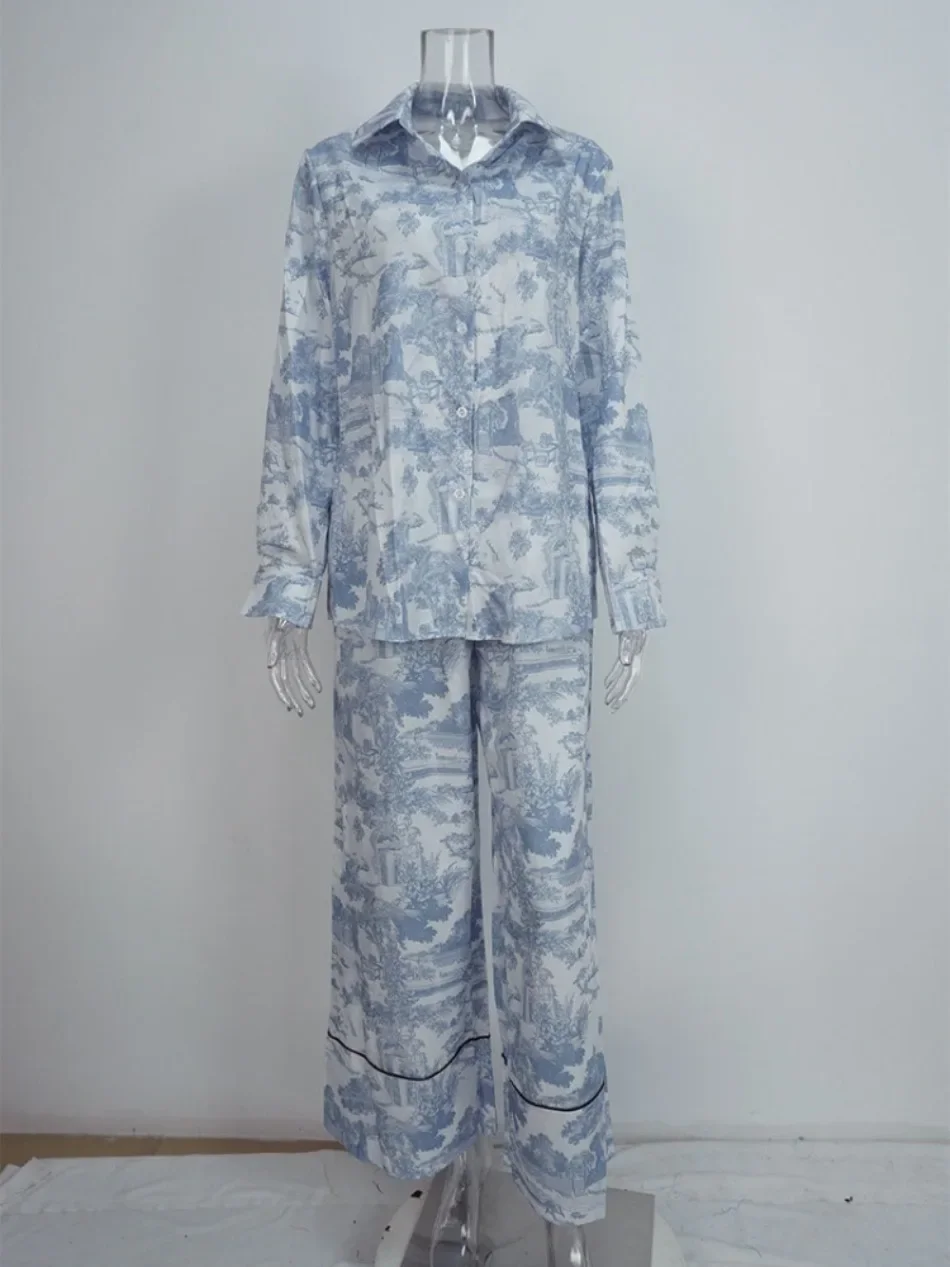 Fashion Vintage Pattern Printed Outfits Lapel Collar Shirt Long Pant Suit Spring Summer Causal Long Sleeve Loose Pant Sets