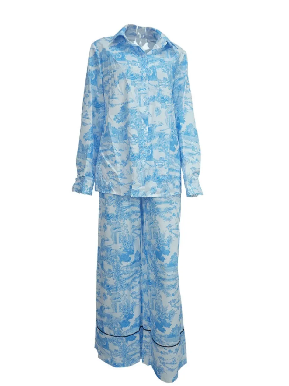 Fashion Vintage Pattern Printed Outfits Lapel Collar Shirt Long Pant Suit Spring Summer Causal Long Sleeve Loose Pant Sets
