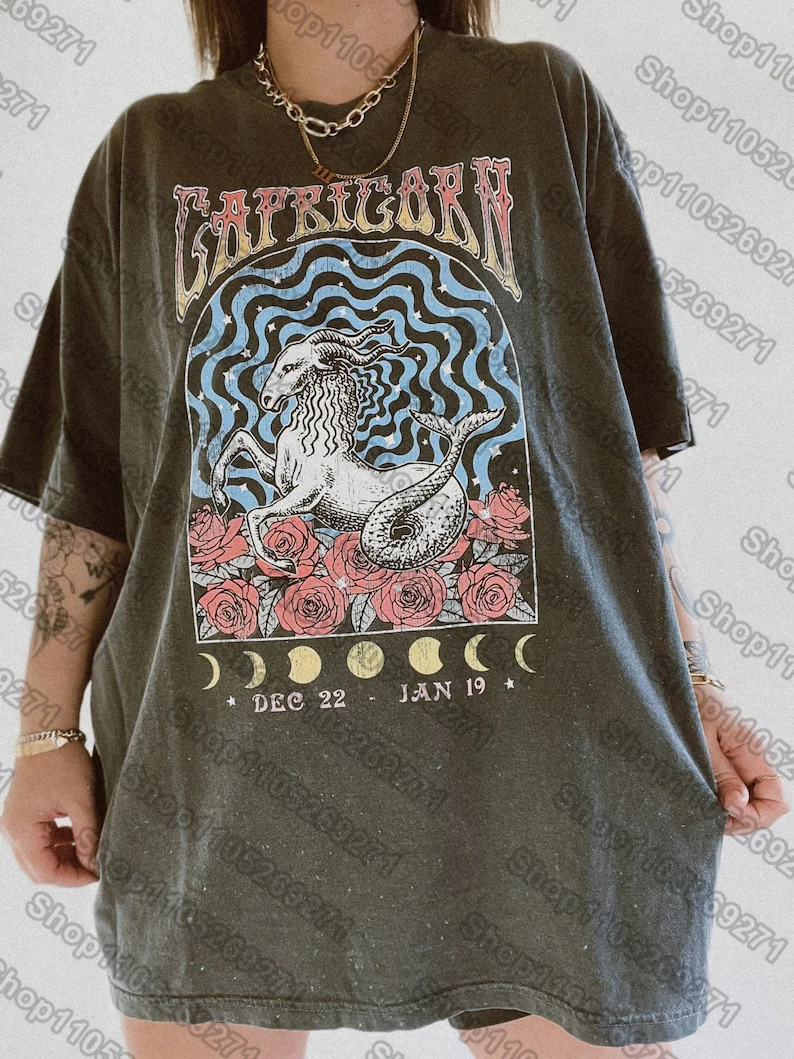 12 Zodiac Signs Dark Gray Printed T-Shirt — Libra, Leo, Aries, Sagittarius, Gemini Short-sleeved Retro Street Y2K Fashion Tops