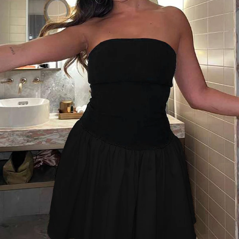 Summer New Women A-Line Dresses Strapless Slim Fit Off Shoulder Fashion Black Sexy Patchwork Casual Party Lady Dresses Clothing
