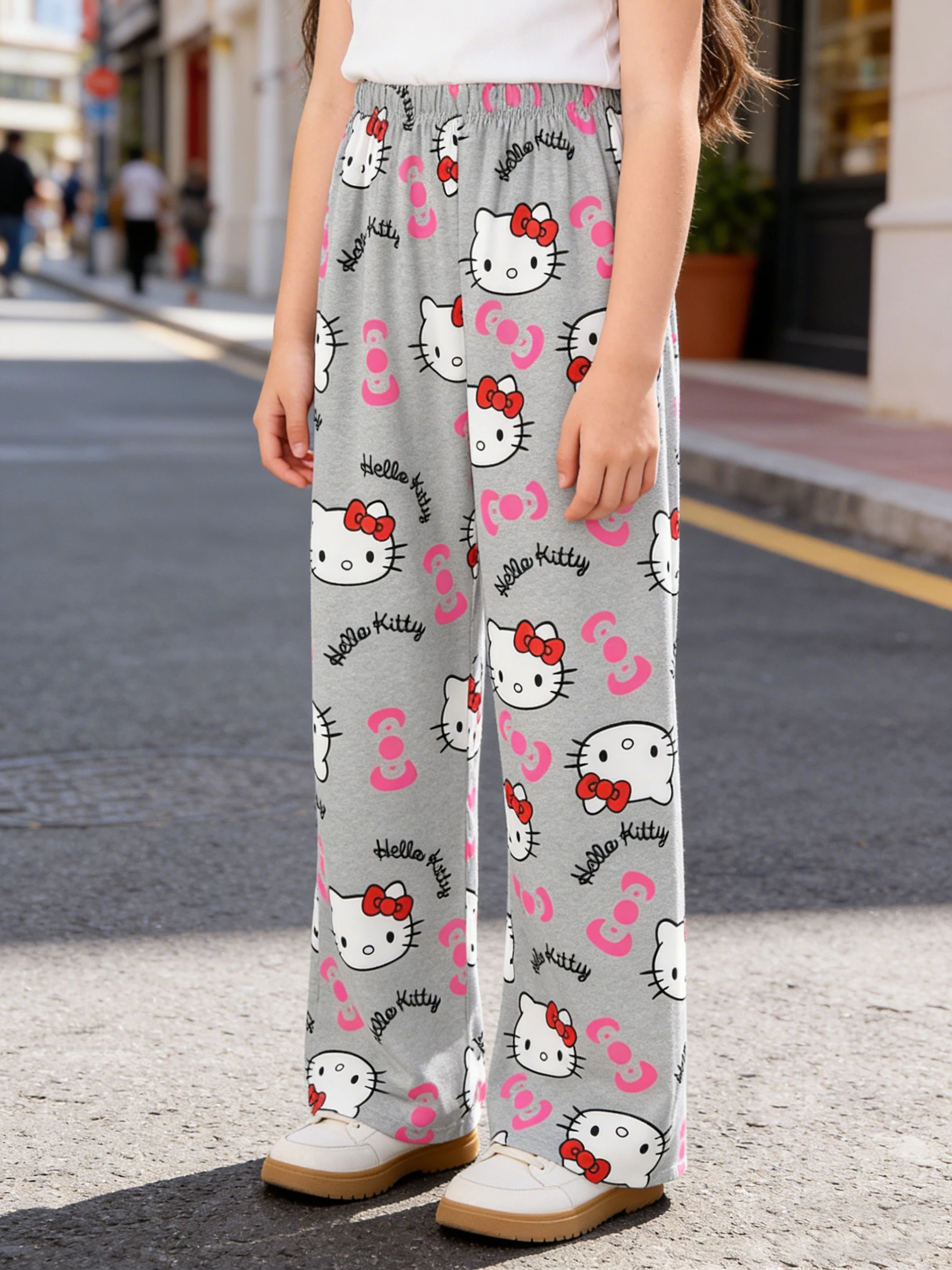 Sanrio Girls' Long Pants Spring and Autumn Hello Kitty Girls' Outdoor Fashion Casual Wide Leg Pants, Suitable for Home Wearing