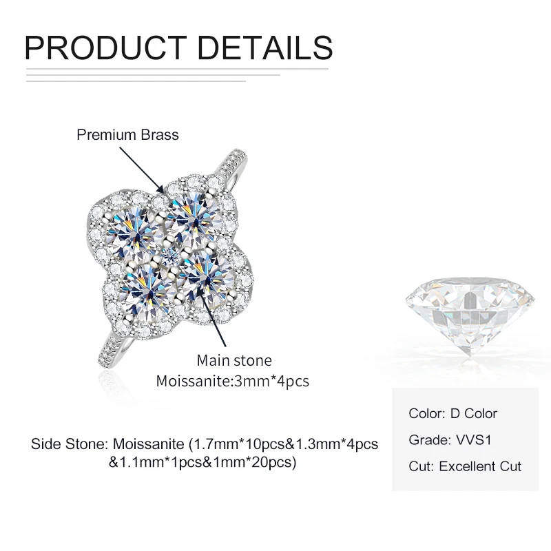 Rrjzz Lucky Clover D Color Full Moissanite Engagement Ring GRA Certified Round Imitation Diamond Women Four-Leaf Rings Jewelry