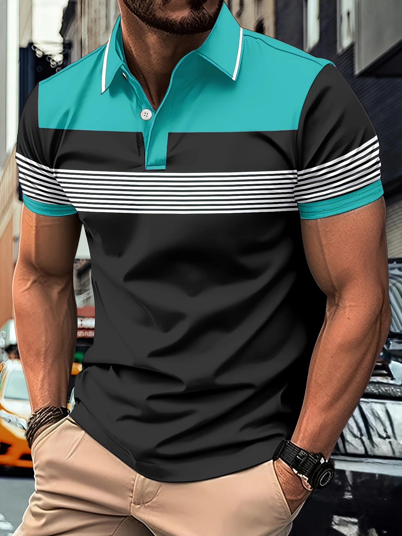 Men's Fashion Color Block Shirt Lapel Golf Shirt Short Sleeve Printed Button Clothing Fashion Design Casual Breathable
