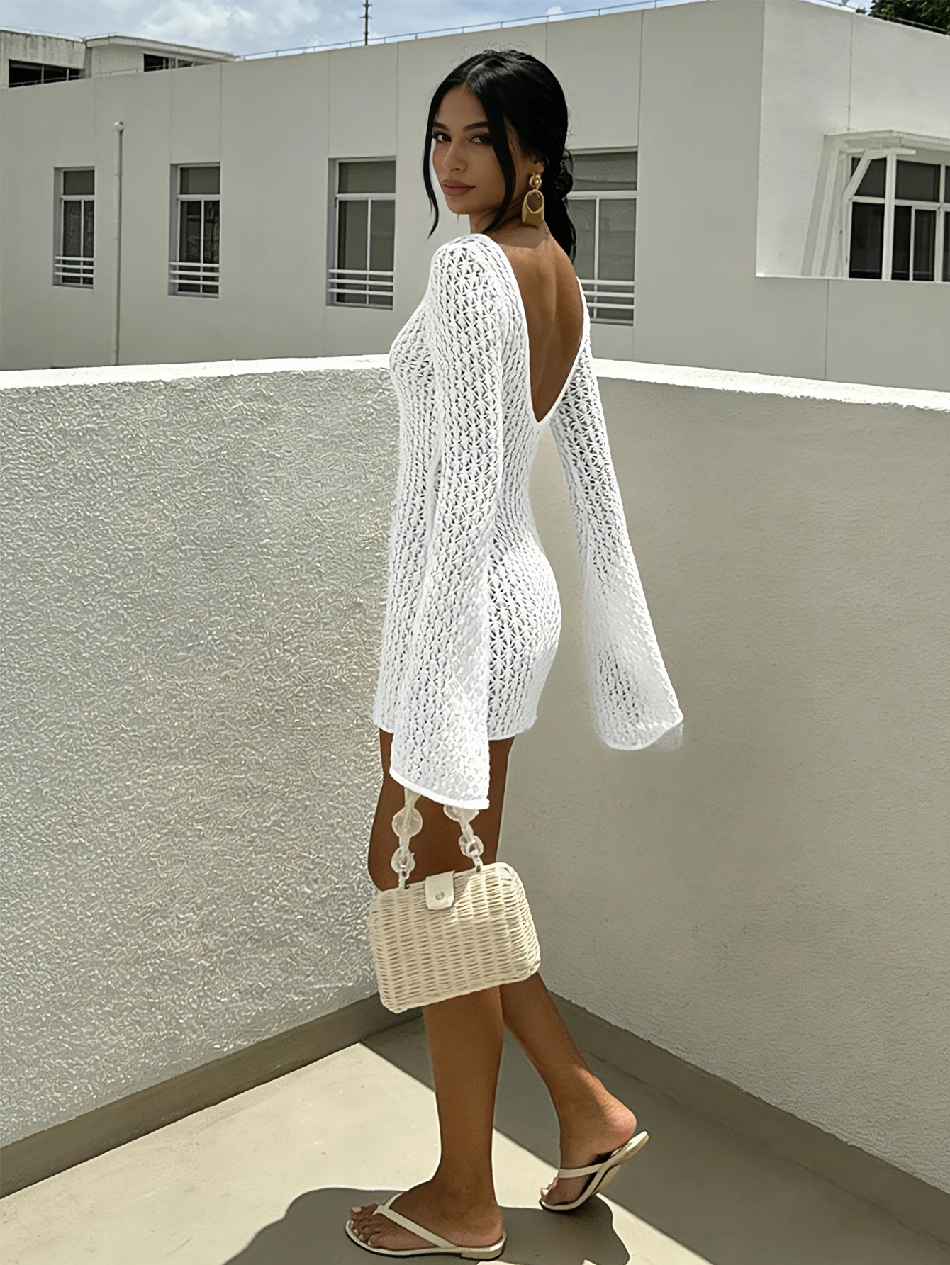 Holiday Style Long Sleeve Knitted Bikini Cover-Up Dress, Sexy Fashion Slim-Fitting Hollow Out Texture Short Dress, Plain Pattern
