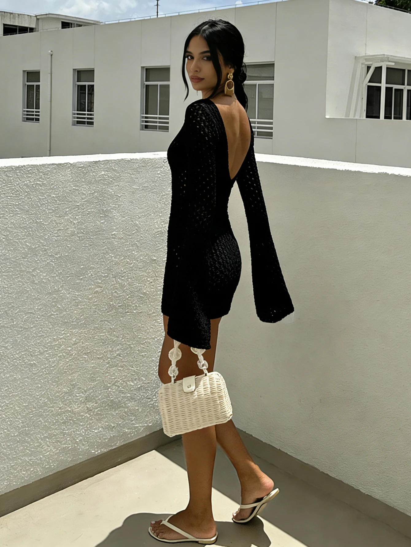 Holiday Style Long Sleeve Knitted Bikini Cover-Up Dress, Sexy Fashion Slim-Fitting Hollow Out Texture Short Dress, Plain Pattern