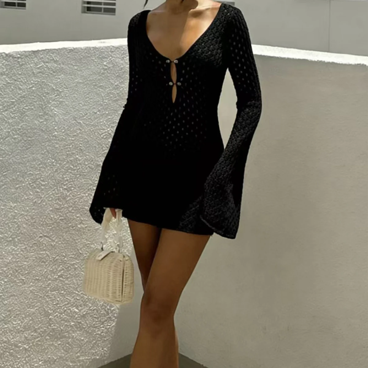 Holiday Style Long Sleeve Knitted Bikini Cover-Up Dress, Sexy Fashion Slim-Fitting Hollow Out Texture Short Dress, Plain Pattern