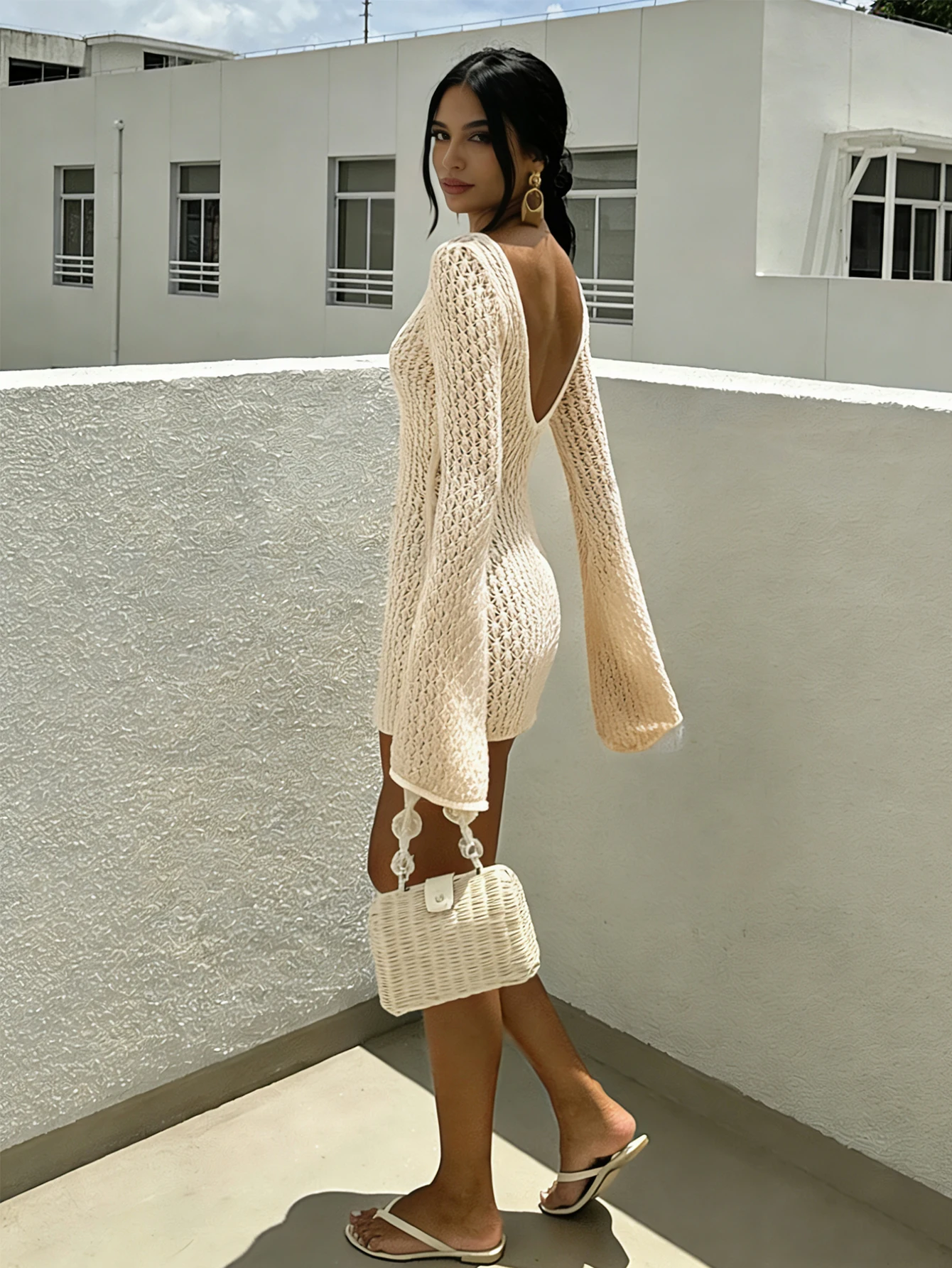 Holiday Style Long Sleeve Knitted Bikini Cover-Up Dress, Sexy Fashion Slim-Fitting Hollow Out Texture Short Dress, Plain Pattern