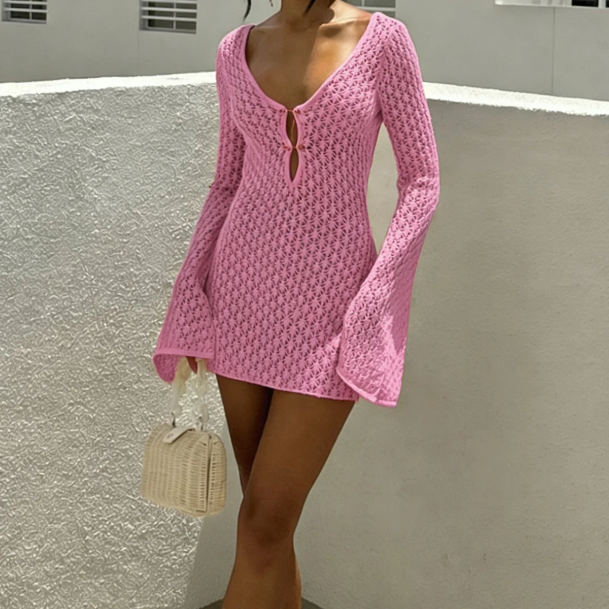 Holiday Style Long Sleeve Knitted Bikini Cover-Up Dress, Sexy Fashion Slim-Fitting Hollow Out Texture Short Dress, Plain Pattern
