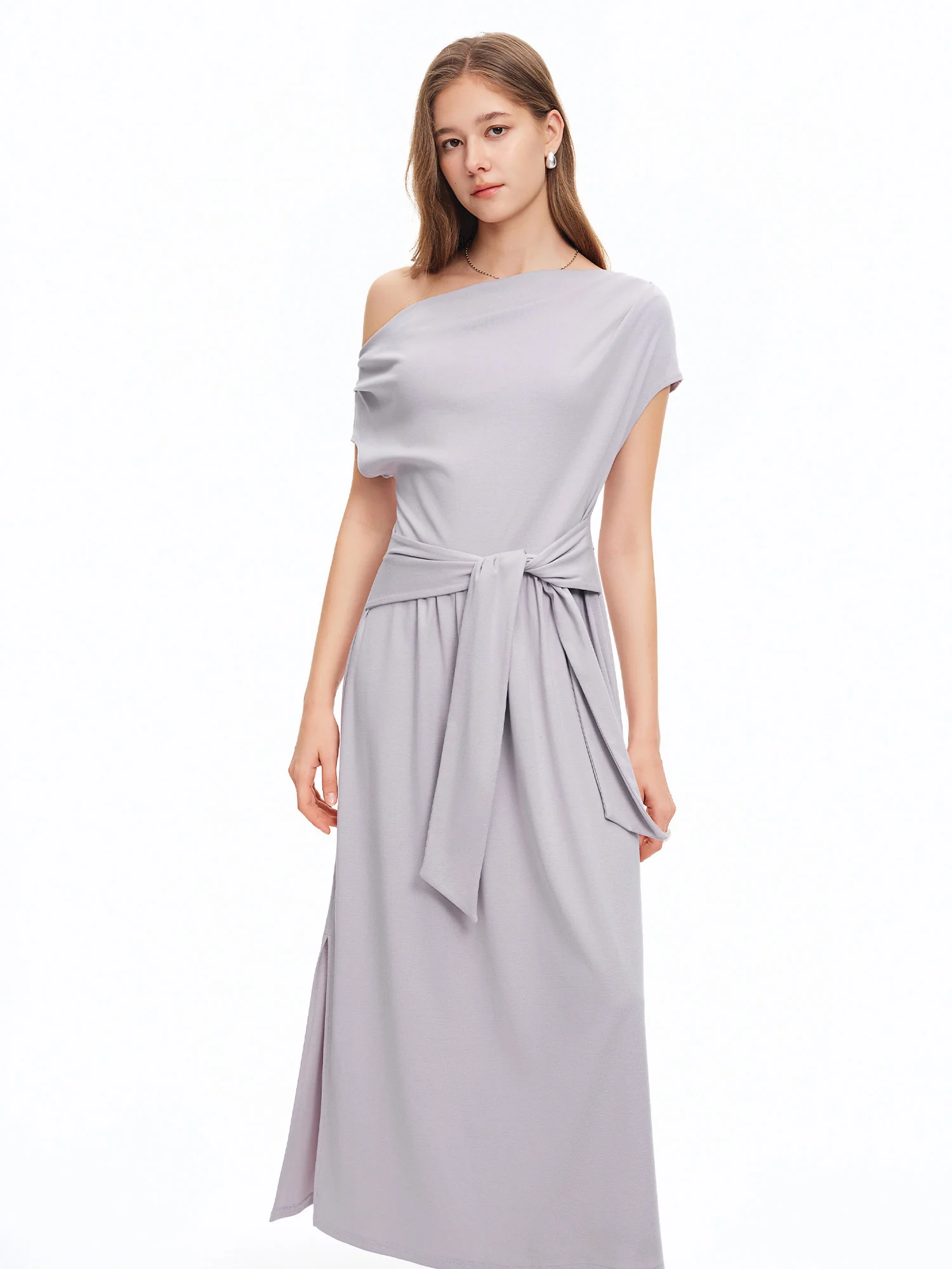 DUSHU 2026 Summer Women's Cowl Neck Maxi Dress Acetate Linen Cotton Blend Short Sleeve Long Dress for Soft Elegant Resort Style