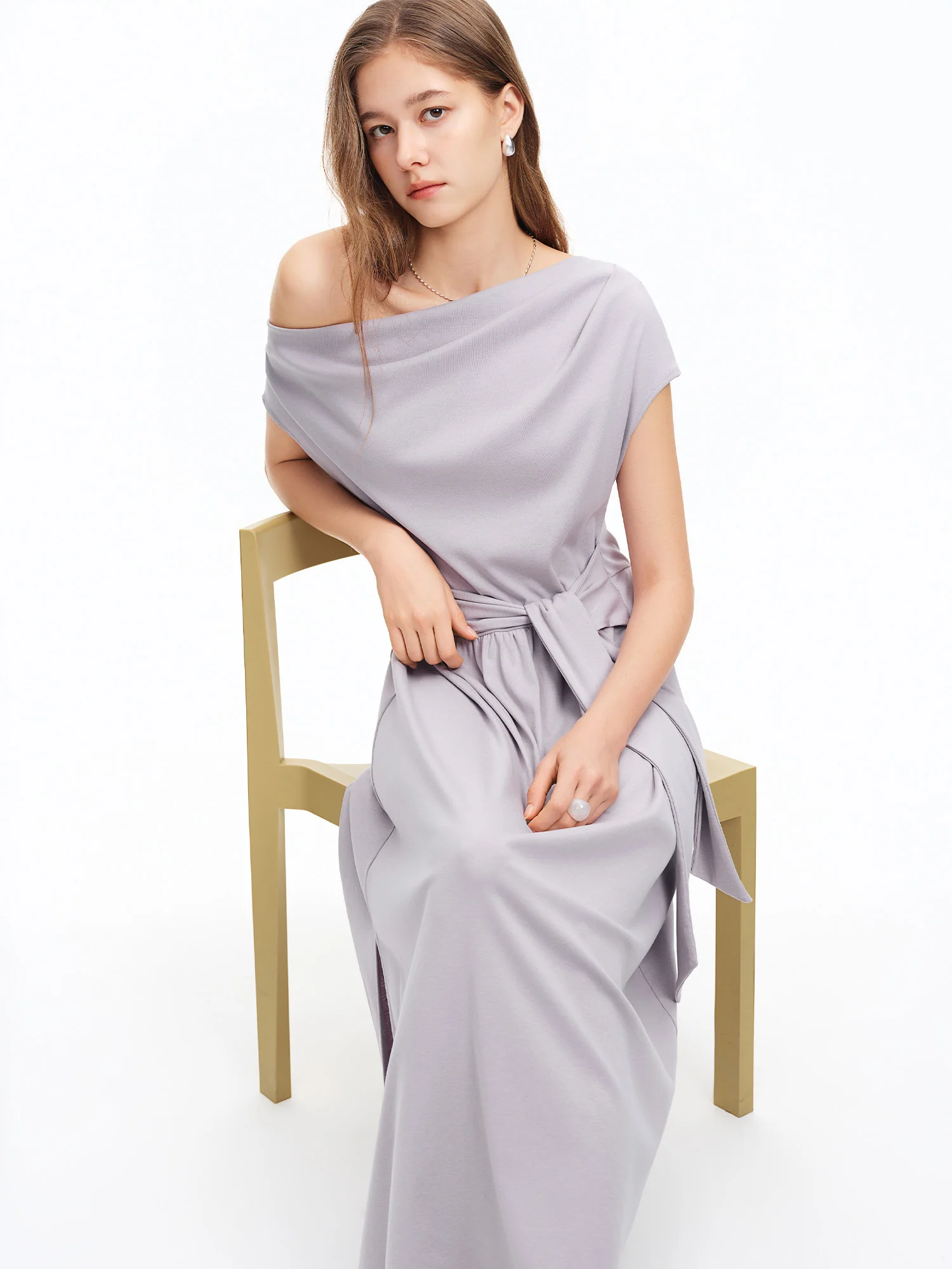 DUSHU 2026 Summer Women's Cowl Neck Maxi Dress Acetate Linen Cotton Blend Short Sleeve Long Dress for Soft Elegant Resort Style