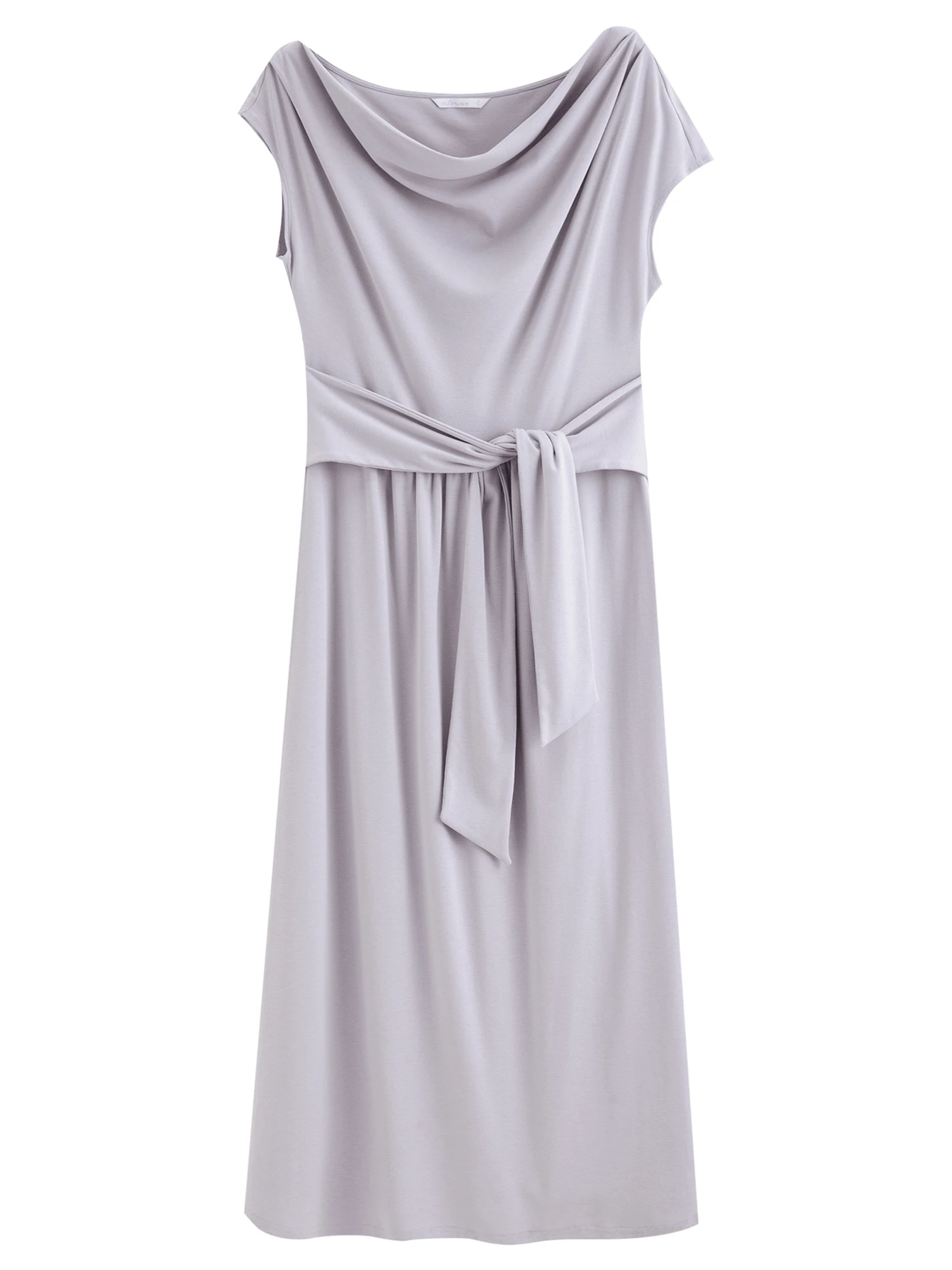 DUSHU 2026 Summer Women's Cowl Neck Maxi Dress Acetate Linen Cotton Blend Short Sleeve Long Dress for Soft Elegant Resort Style