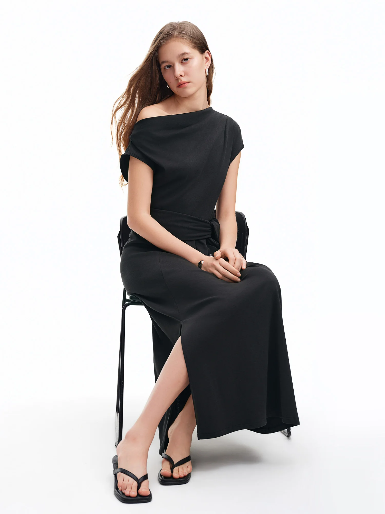 DUSHU 2026 Summer Women's Cowl Neck Maxi Dress Acetate Linen Cotton Blend Short Sleeve Long Dress for Soft Elegant Resort Style