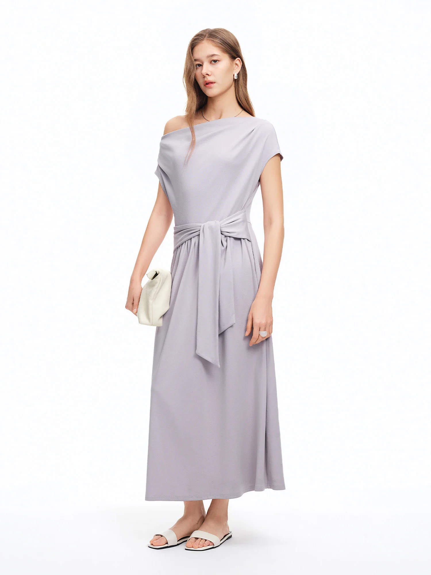 DUSHU 2026 Summer Women's Cowl Neck Maxi Dress Acetate Linen Cotton Blend Short Sleeve Long Dress for Soft Elegant Resort Style