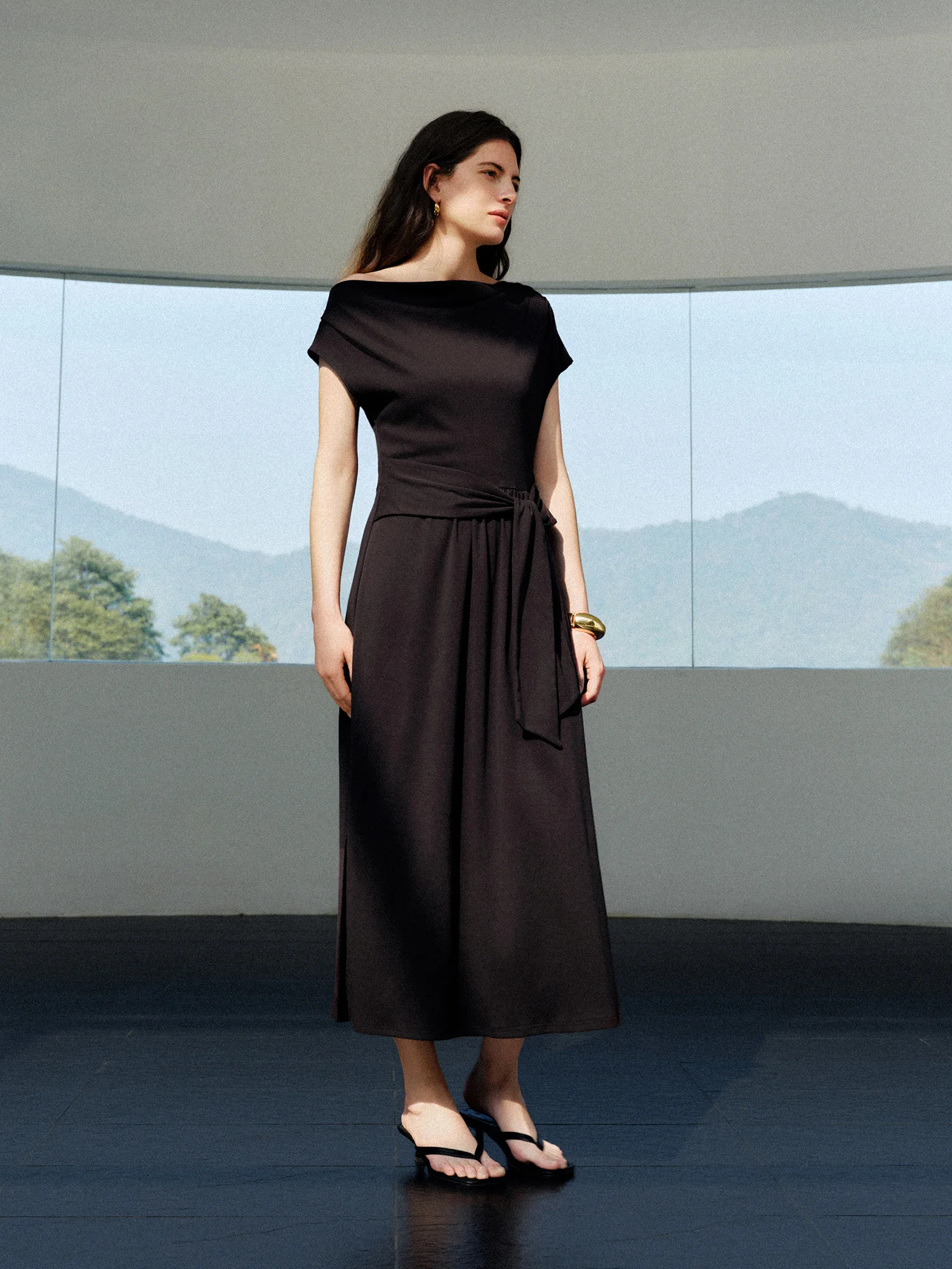 DUSHU 2026 Summer Women's Cowl Neck Maxi Dress Acetate Linen Cotton Blend Short Sleeve Long Dress for Soft Elegant Resort Style