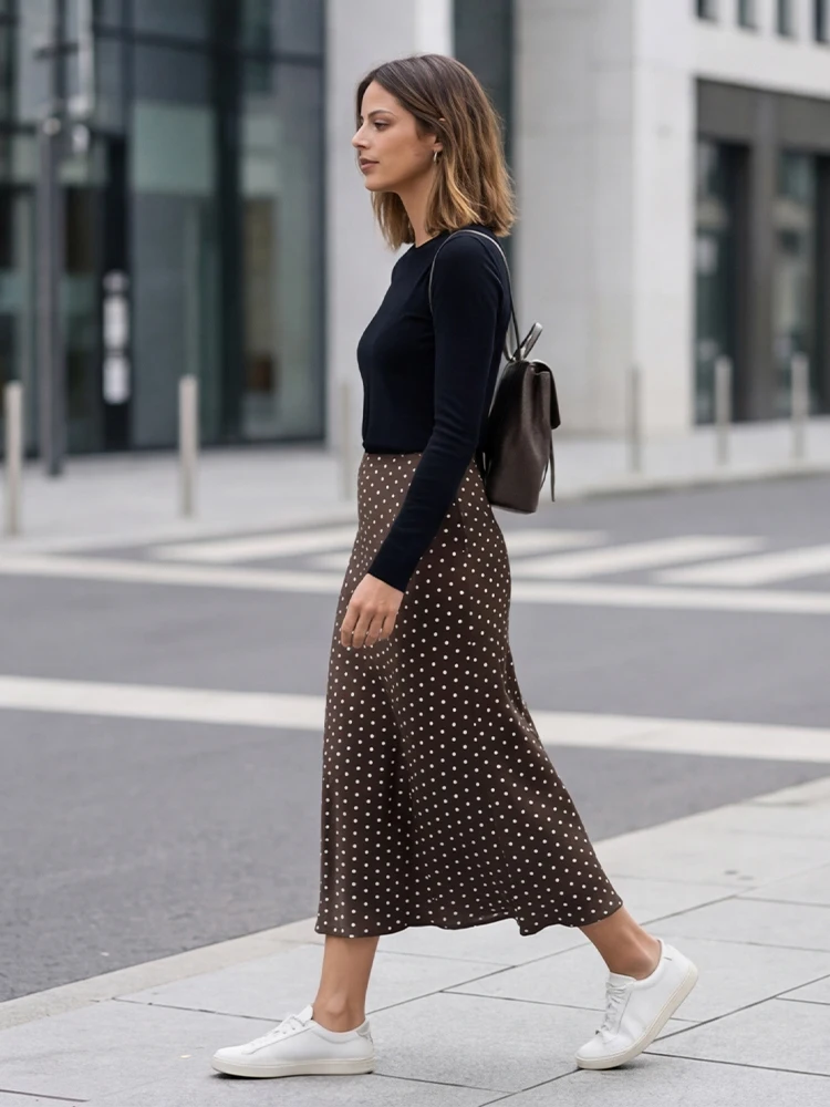 Willshela Women Fashion Dot Printed Pleated Straight Midi Skirt Vintage High Elastic Waist Female Chic Lady Skirts