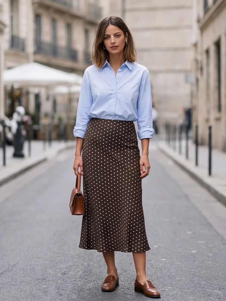 Willshela Women Fashion Dot Printed Pleated Straight Midi Skirt Vintage High Elastic Waist Female Chic Lady Skirts
