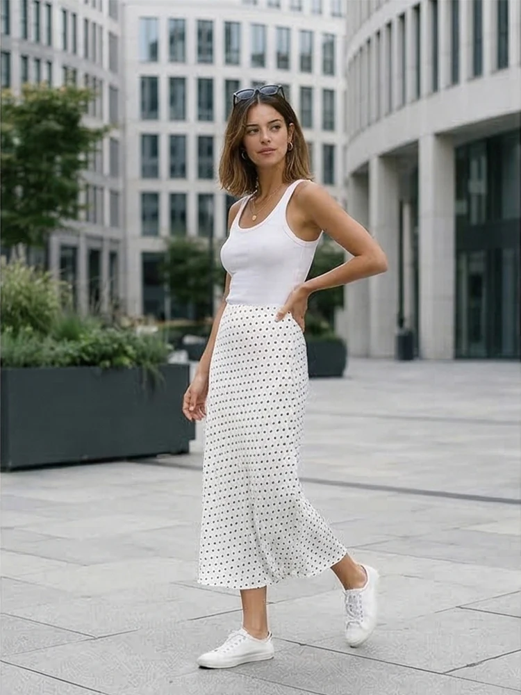Willshela Women Fashion Dot Printed Pleated Straight Midi Skirt Vintage High Elastic Waist Female Chic Lady Skirts