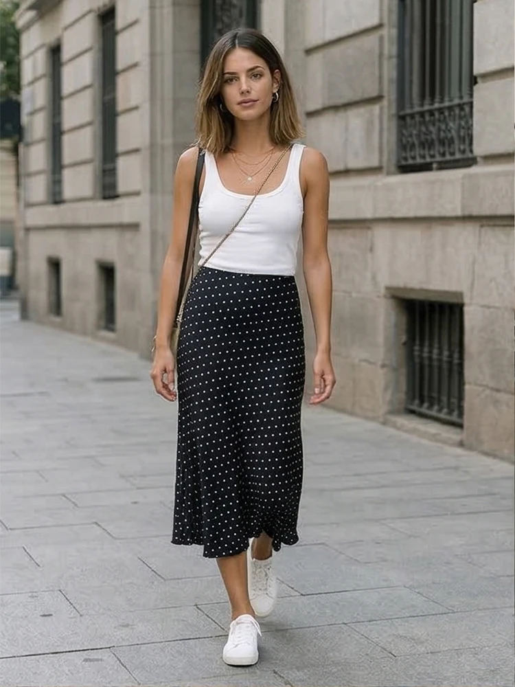 Willshela Women Fashion Dot Printed Pleated Straight Midi Skirt Vintage High Elastic Waist Female Chic Lady Skirts
