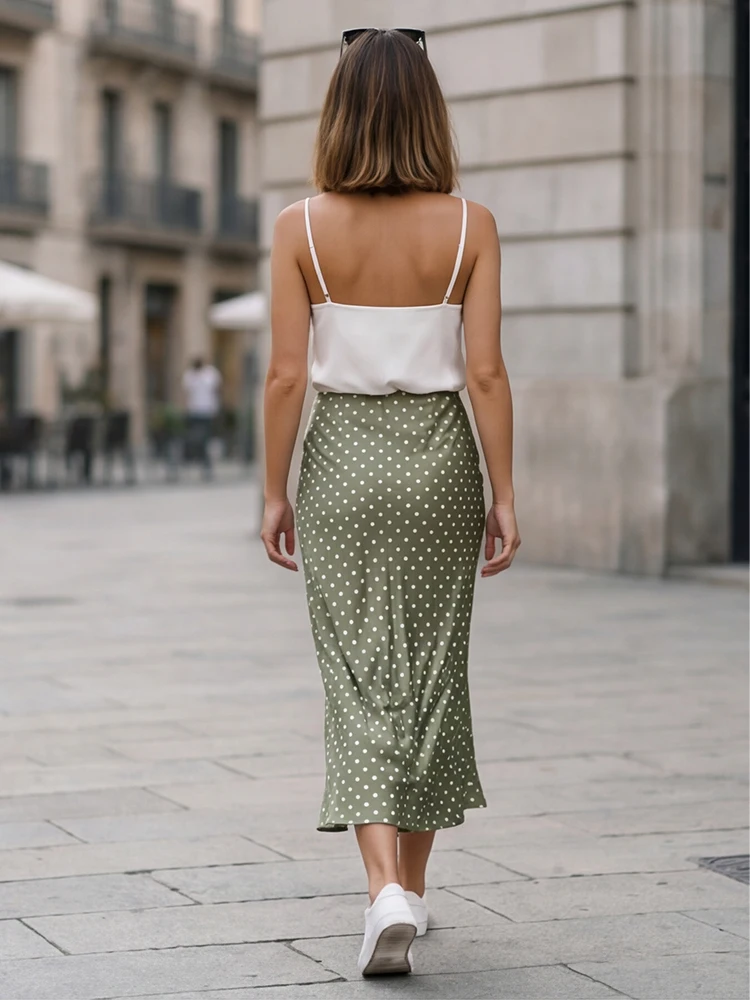 Willshela Women Fashion Dot Printed Pleated Straight Midi Skirt Vintage High Elastic Waist Female Chic Lady Skirts
