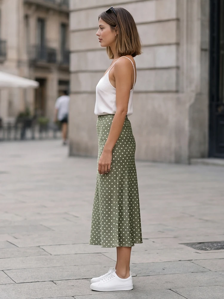 Willshela Women Fashion Dot Printed Pleated Straight Midi Skirt Vintage High Elastic Waist Female Chic Lady Skirts