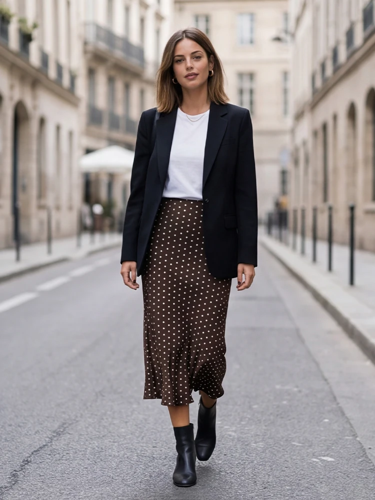Willshela Women Fashion Dot Printed Pleated Straight Midi Skirt Vintage High Elastic Waist Female Chic Lady Skirts