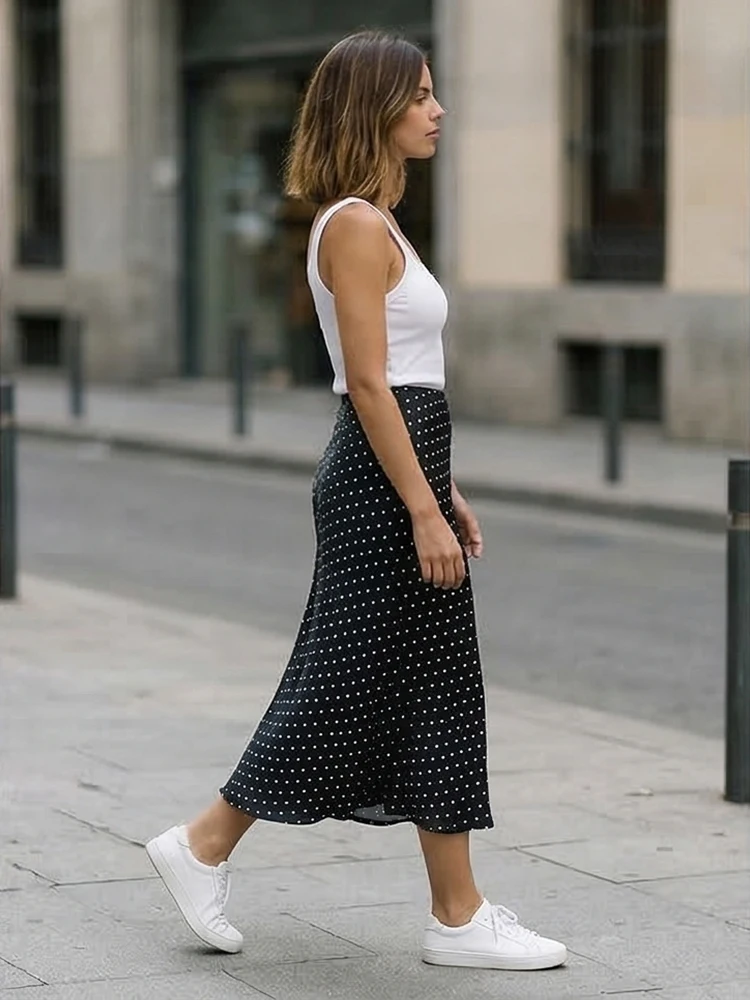 Willshela Women Fashion Dot Printed Pleated Straight Midi Skirt Vintage High Elastic Waist Female Chic Lady Skirts