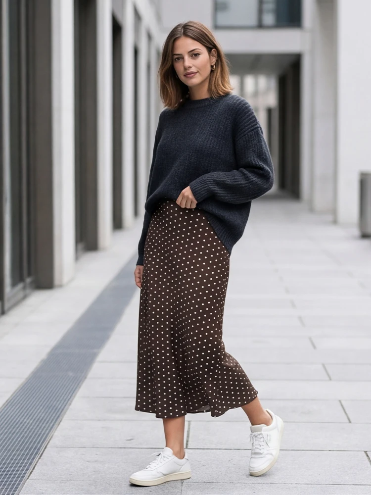 Willshela Women Fashion Dot Printed Pleated Straight Midi Skirt Vintage High Elastic Waist Female Chic Lady Skirts