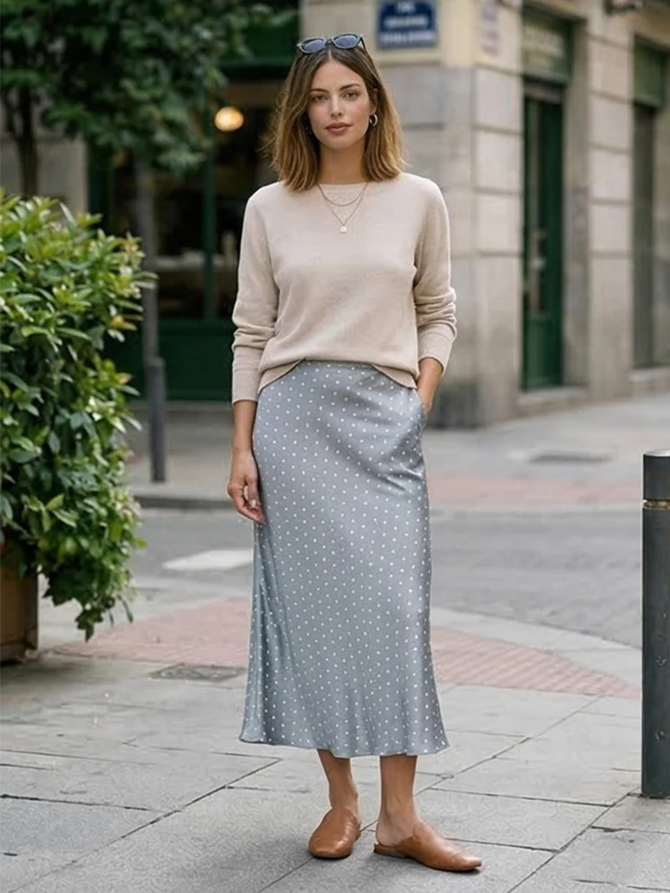 Willshela Women Fashion Dot Printed Pleated Straight Midi Skirt Vintage High Elastic Waist Female Chic Lady Skirts