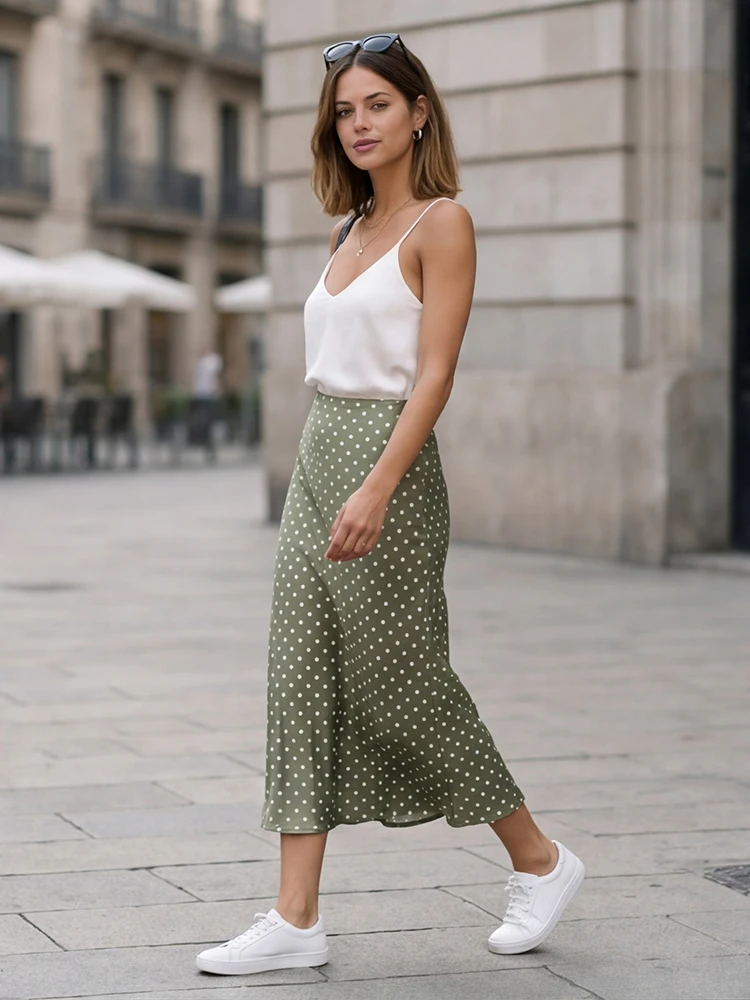 Willshela Women Fashion Dot Printed Pleated Straight Midi Skirt Vintage High Elastic Waist Female Chic Lady Skirts