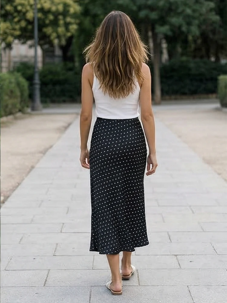 Willshela Women Fashion Dot Printed Pleated Straight Midi Skirt Vintage High Elastic Waist Female Chic Lady Skirts