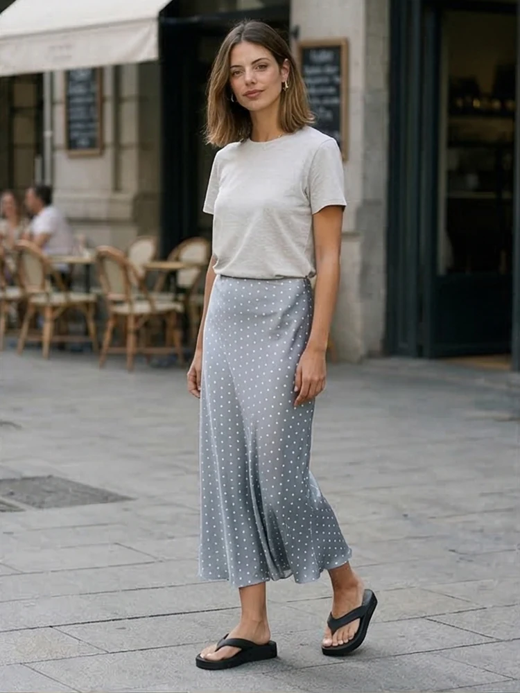Willshela Women Fashion Dot Printed Pleated Straight Midi Skirt Vintage High Elastic Waist Female Chic Lady Skirts