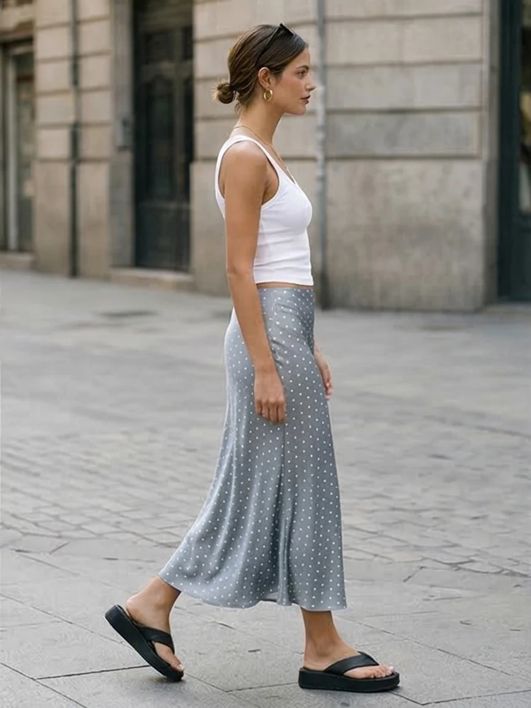 Willshela Women Fashion Dot Printed Pleated Straight Midi Skirt Vintage High Elastic Waist Female Chic Lady Skirts
