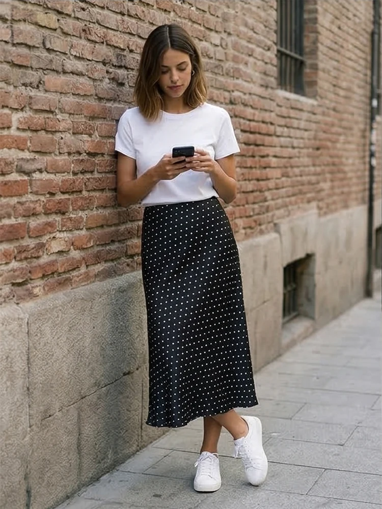 Willshela Women Fashion Dot Printed Pleated Straight Midi Skirt Vintage High Elastic Waist Female Chic Lady Skirts