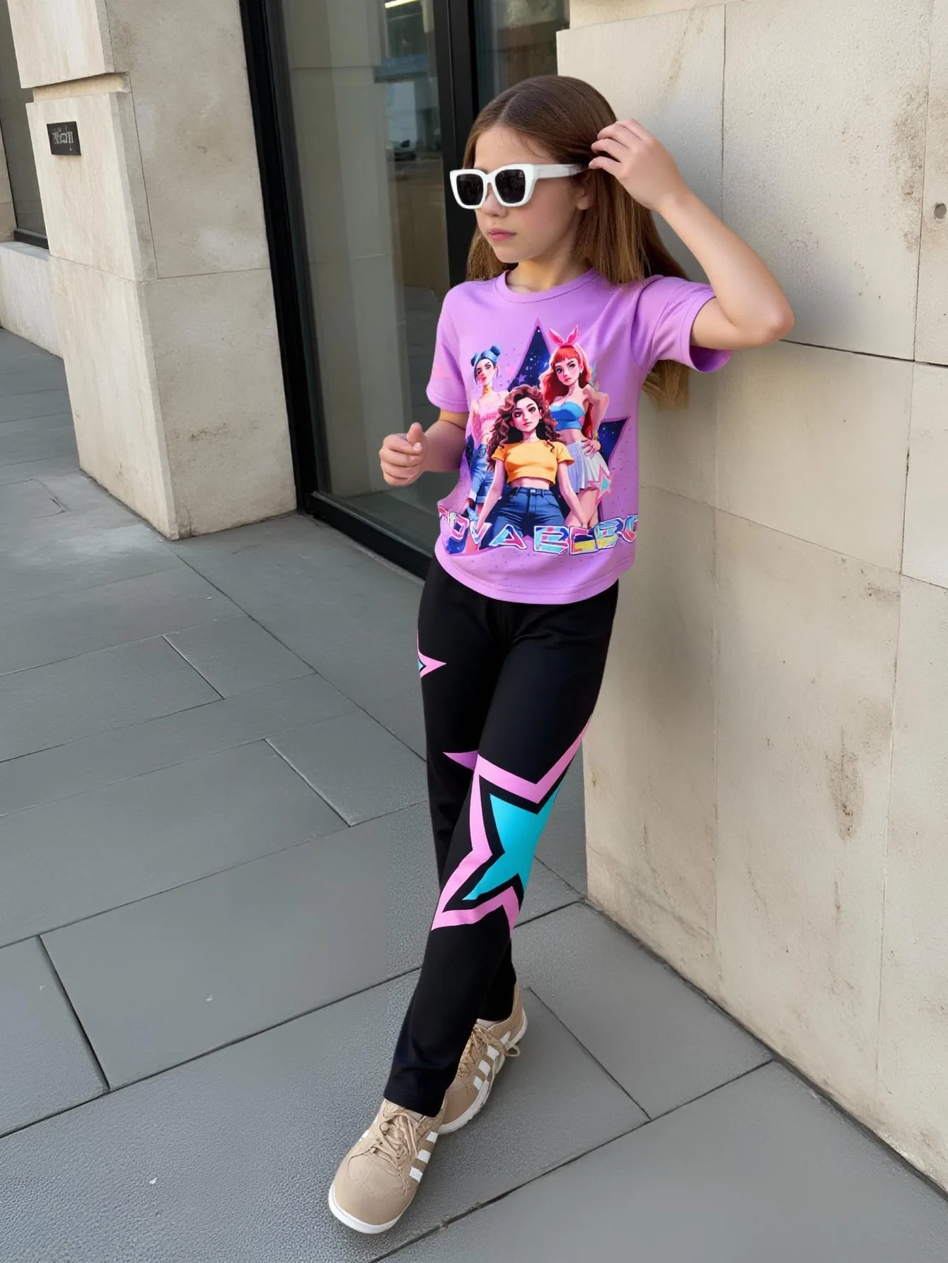 Spring/Summer Girls' Fashion Two-Piece Set, K-Pop Cartoon Anime 3D Print Crew Neck T-Shirt Slim Fit Pants Set