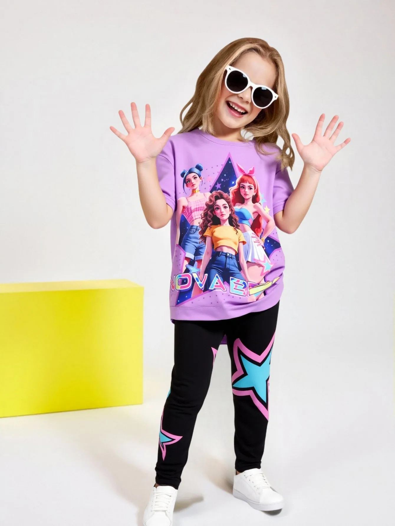 Spring/Summer Girls' Fashion Two-Piece Set, K-Pop Cartoon Anime 3D Print Crew Neck T-Shirt Slim Fit Pants Set