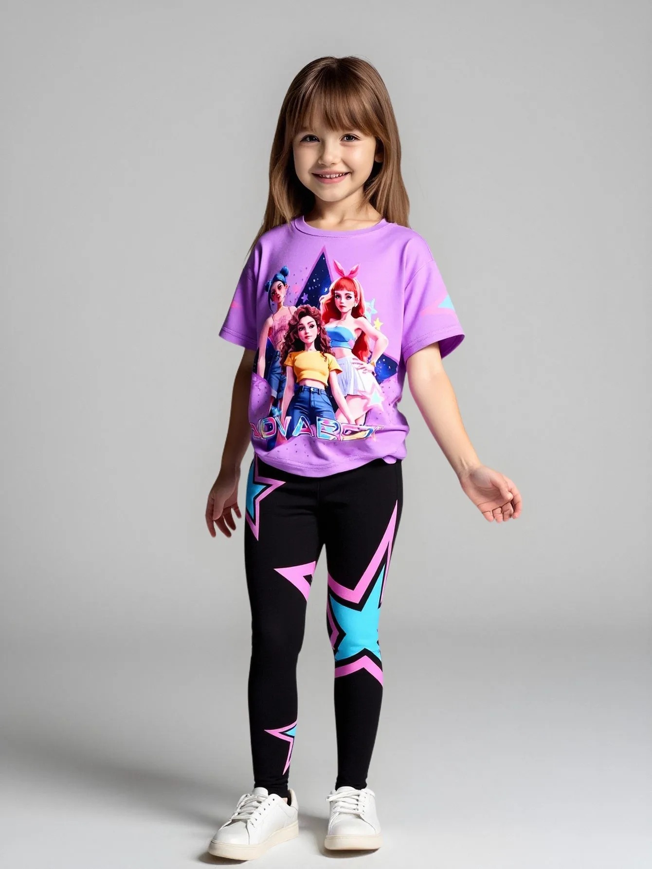 Spring/Summer Girls' Fashion Two-Piece Set, K-Pop Cartoon Anime 3D Print Crew Neck T-Shirt Slim Fit Pants Set