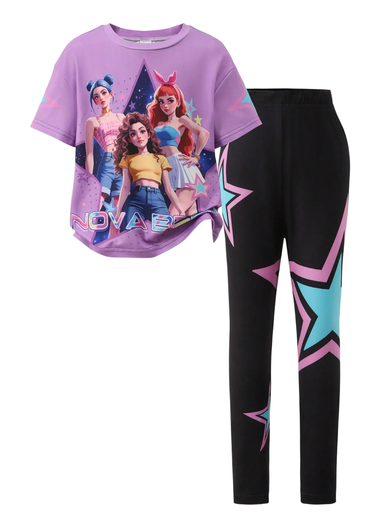 Spring/Summer Girls' Fashion Two-Piece Set, K-Pop Cartoon Anime 3D Print Crew Neck T-Shirt Slim Fit Pants Set