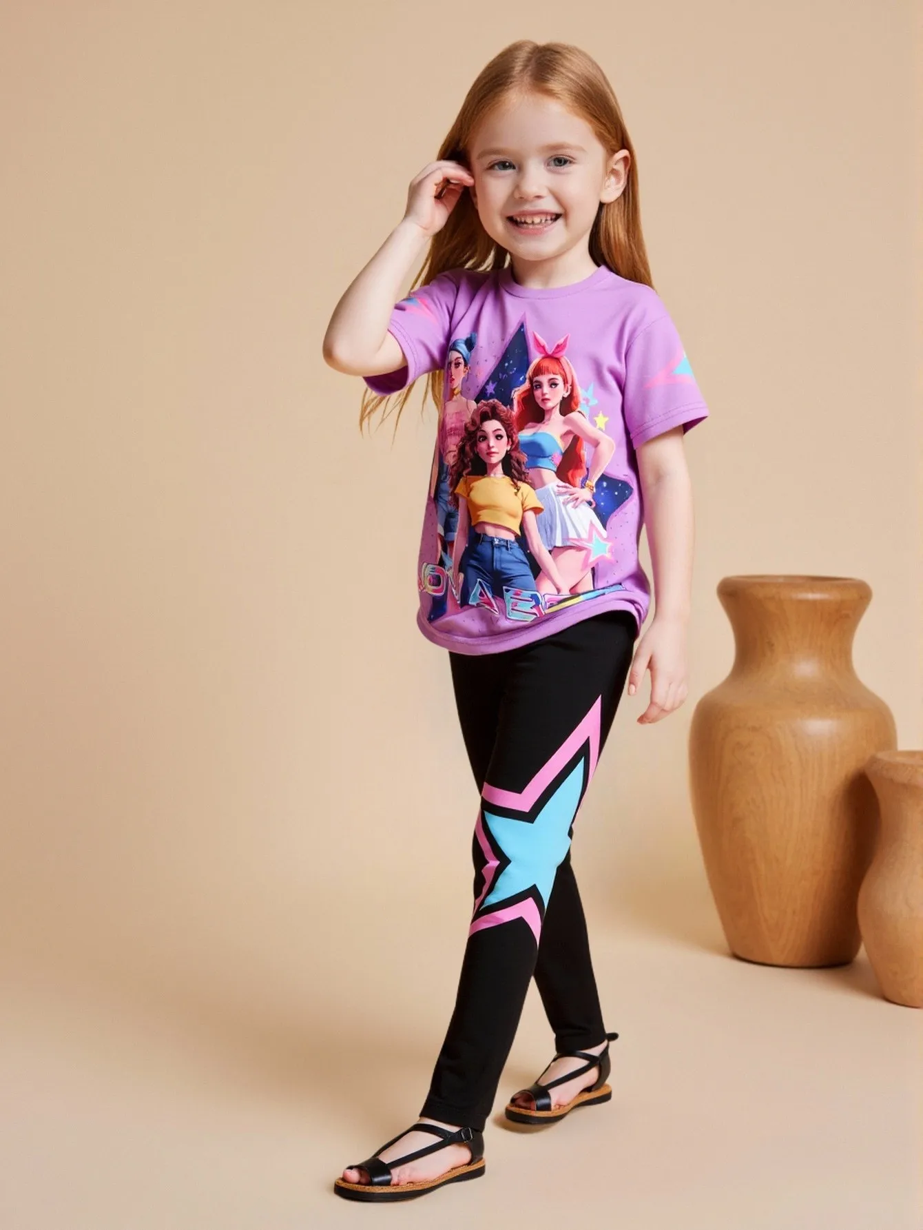 Spring/Summer Girls' Fashion Two-Piece Set, K-Pop Cartoon Anime 3D Print Crew Neck T-Shirt Slim Fit Pants Set