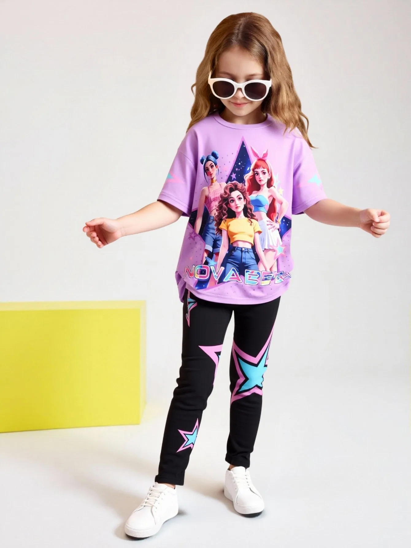 Spring/Summer Girls' Fashion Two-Piece Set, K-Pop Cartoon Anime 3D Print Crew Neck T-Shirt Slim Fit Pants Set