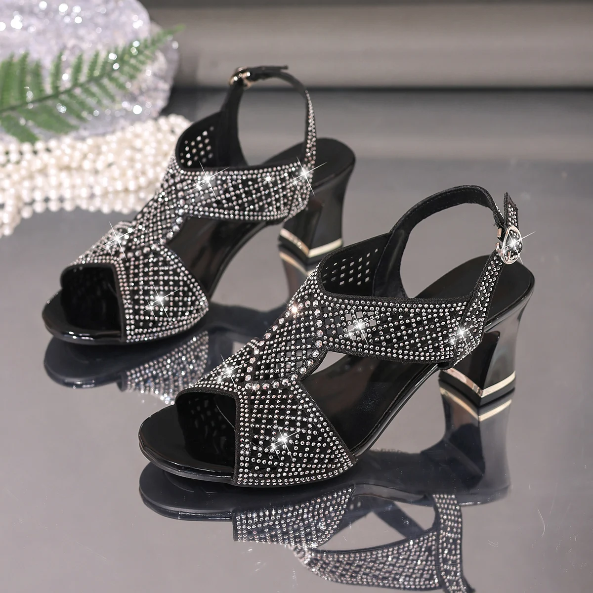 Crystal Women's Sandals Luxury High Heels Shoes Chunky Designer Slippers Fashion Dress Flip Flosp Party Pumps Mujer Zapatos