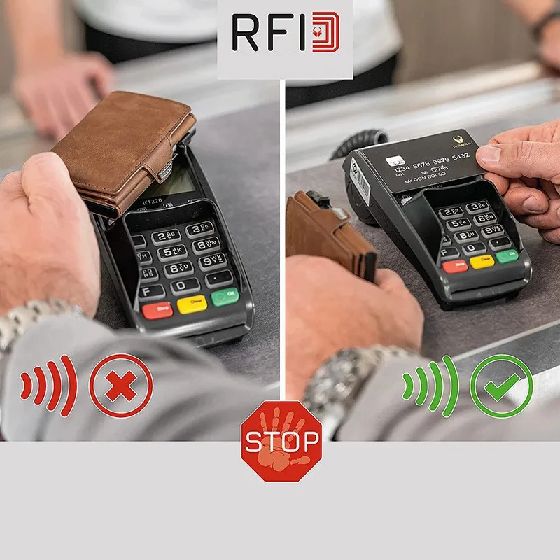 Men's Genuine Leather RFID Blocking Automatic Pop-Up Credit Card Holder Wallet with Coin Pocket Mini Aluminum Alloy Women Purse